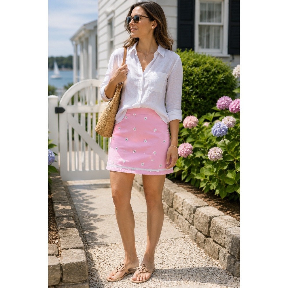 Lilly Pulitzer Pink Daisy Embroidered Mini Skirt Grosgrain Bow Trim Size 4